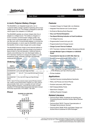 ISL6292DCR4-T datasheet - Li-ion/Li Polymer Battery Charger