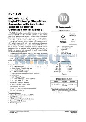 NCP1526MUTXG datasheet - 400 mA, 1.2 V, High−Efficiency, Step−Down Converter with Low Noise Voltage Regulator Optimized for RF Module