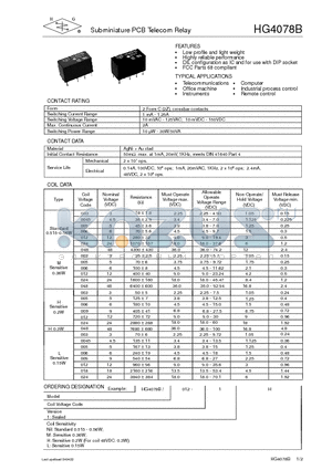 HG4078B datasheet - Subminiature PCB Telecom Relay