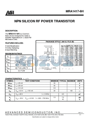 MRA1417-6H datasheet - NPN SILICON RF POWER TRANSISTOR