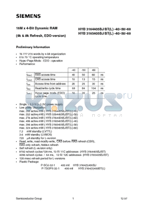 HYB3165405BT-40 datasheet - 16M x 4-Bit Dynamic RAM