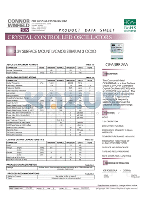 OFA3BB2AA datasheet - 3.3V SURFACE MOUNT LVCMOS STRATUM 3 OCXO