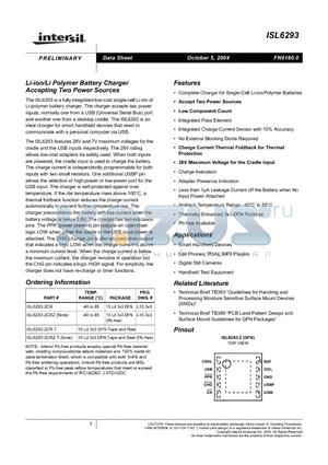 ISL6293-2CRZ datasheet - Li-ion/Li Polymer Battery Charger Accepting Two Power Sources