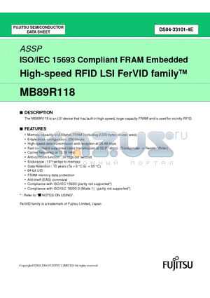 MB89R118 datasheet - ISO/IEC 15693 Compliant FRAM Embedded High-speed RFID LSI FerVID family