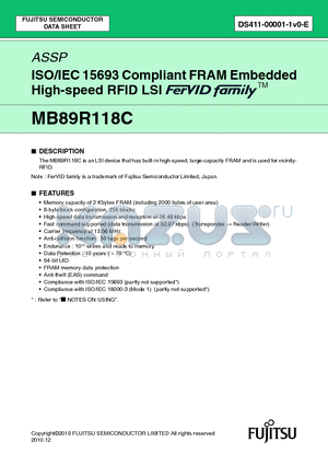 MB89R118C2-DI15 datasheet - ISO/IEC 15693 Compliant FRAM Embedded High-speed RFID LSI FerVID family