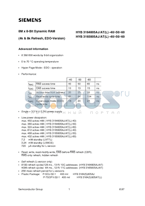 HYB3165805AJ-40 datasheet - 8M x 8-Bit Dynamic RAM