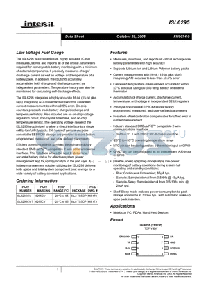 ISL6295CV datasheet - Low Voltage Fuel Gauge
