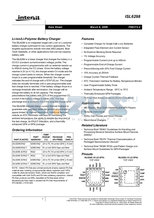 ISL6298CR4Z datasheet - Li-ion/Li-Polymer Battery Charger