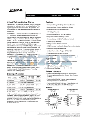 ISL6298-2CR3 datasheet - Li-ion/Li-Polymer Battery Charger