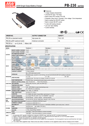 PB-230-12 datasheet - 230W Single Output Battery Charger