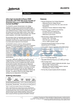 ISL6307ACRZ datasheet - Ultra-high bandwidth 6-Phase PWM Controller with 8 Bit VID Code Capable of Precision RDS(ON) or DCR Differential Current Sensing