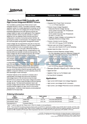 ISL6308ACRZ datasheet - Three-Phase Buck PWM Controller with High Current Integrated MOSFET Drivers