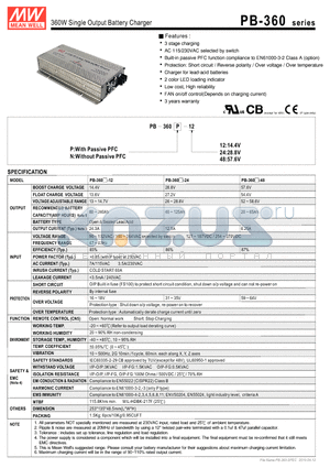 PB-360-24 datasheet - 360W Single Output Battery Charger