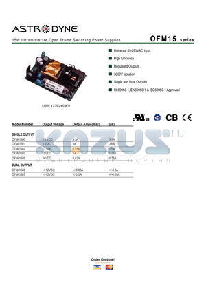 OFM-1500 datasheet - 15W Ultraminiature Open Frame Switching Power Supplies