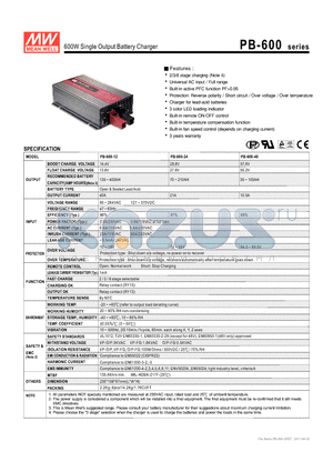 PB-600 datasheet - 600W Single Output Battery Charger