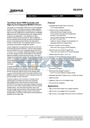 ISL6310 datasheet - Two-Phase Buck PWM Controller with High Current Integrated MOSFET Drivers