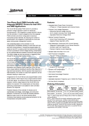 ISL6313BCRZ datasheet - Two-Phase Buck PWM Controller with Integrated MOSFET Drivers for Intel VR11 and AMD Applications