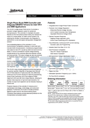 ISL6314IRZ datasheet - Single-Phase Buck PWM Controller with Integrated MOSFET Drivers for Intel VR11 and AMD Applications