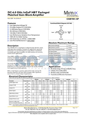 PB-CGB7001-SP-0000 datasheet - DC-6.0 GHz InGaP HBT Packaged Matched Gain Block Amplifier