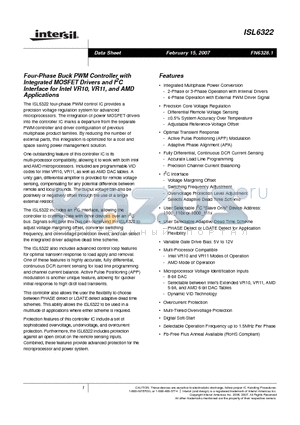 ISL6322 datasheet - Four-Phase Buck PWM Controller with Integrated MOSFET Drivers and I2C Interface for Intel VR10, VR11, and AMD Applications