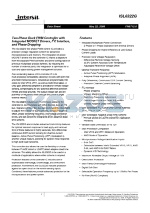 ISL6322GCRZ datasheet - Two-Phase Buck PWM Controller with Integrated MOSFET Drivers, I2C Interface and Phase Dropping