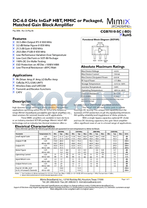 PB-CGB7010-SC-0000 datasheet - DC-6.0 GHz InGaP HBT, MMIC or Packaged, Matched Gain Block Amplifier