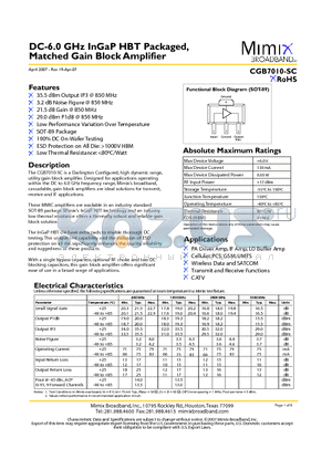 PB-CGB7010-SC-0000 datasheet - DC-6.0 GHz InGaP HBT Packaged, Matched Gain Block Amplifier