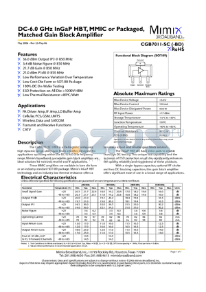 PB-CGB7011-SC-0000 datasheet - DC-6.0 GHz InGaP HBT, MMIC or Packaged, Matched Gain Block Amplifier