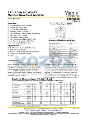 PB-CGB7389-SC-0000 datasheet - 2.1-2.5 GHz InGaP HBT Matched Gain Block Amplifier