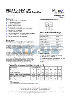 PB-CGB8002-SC-00E0 datasheet - DC-2.8 GHz InGaP HBT 3.3V, Matched Gain Block Amplifier