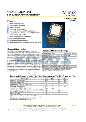 PB-CHV2711-0000 datasheet - 3.5 GHz InGaP HBT 5W Linear Power Amplifier