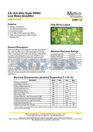 PB-CMM1110-BD datasheet - 2.0-18.0 GHz GaAs MMIC Low Noise Amplifier