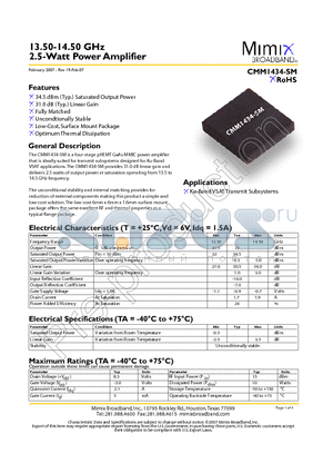 PB-CMM1434-SM datasheet - 13.50-14.50 GHz 2.5-Watt Power Amplifier