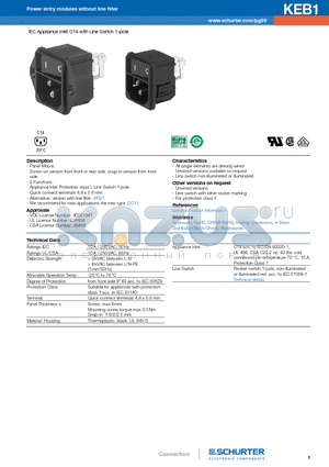 KEB1 datasheet - IEC Appliance Inlet C14 with Line Switch 1-pole