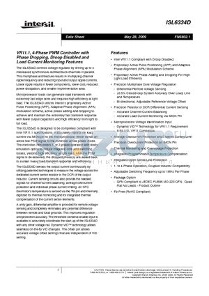 ISL6334D datasheet - VR11.1, 4-Phase PWM Controller with Phase Dropping, Droop Disabled and Load Current Monitoring Features