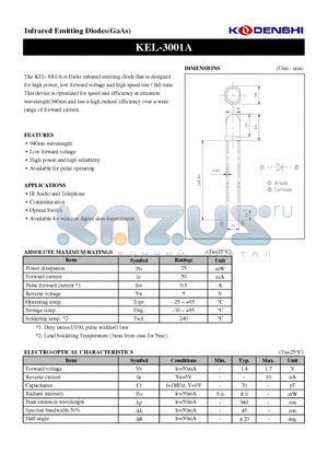 KEL-3001A datasheet - Infrared Emitting Diodes(GaAs)