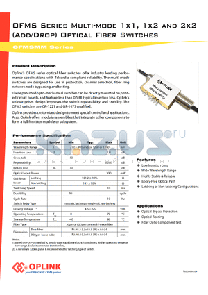 OFMS110M800 datasheet - Multi-mode 1x1, 1x2 and 2x2 Optical Fiber Switches