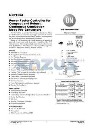 NCP1654 datasheet - Power Factor Controller for Compact and Robust, Continuous Conduction Mode Pre-Converters