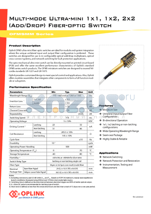 OFMS11MI30M21 datasheet - Multi-mode Ultra-mini 1x1, 1x2, 2x2 Fiber-optic Switch