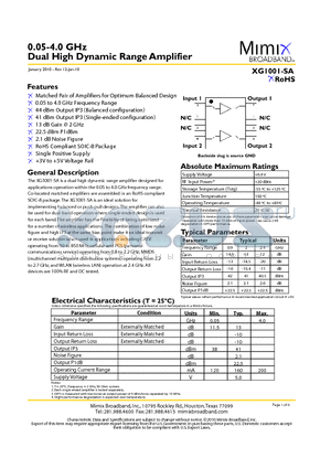 PB-XG1001-SA-00A0 datasheet - 100.05-4.0 GHz Dual High Dynamic Range Amplifier