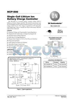 NCP1800 datasheet - Single-Cell Lithium Ion Battery Charge Controller