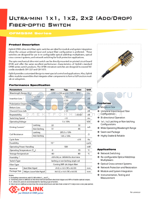 OFMS11MUE0 datasheet - Ultra-mini 1x1, 1x2, 2x2 Fiber-optic Switch