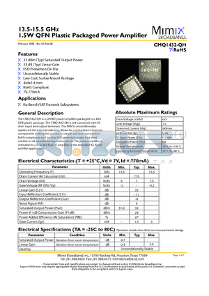 PB-CMQ1432-QH-0000 datasheet - 13.5-15.5 GHz 1.5W QFN Plastic Packaged Power Amplifier