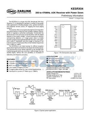 KESRX04 datasheet - 260 to 470MHz. ASK Receiver with Power Down