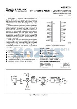 KESRX04QP1S datasheet - 260 to 470MHz. ASK Receiver with Power Down