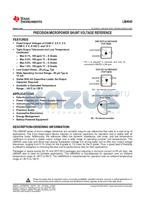 LM4040D25IDCKTE4 datasheet - PRECISION MICROPOWER SHUNT VOLTAGE REFERENCE