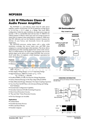 NCP2820FCT2G datasheet - 2.65 W Filterless Class−D Audio Power Amplifier