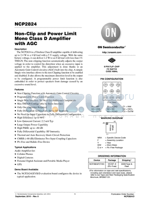 NCP2824FCT2G datasheet - Non-Clip and Power Limit Mono Class D Amplifier with AGC