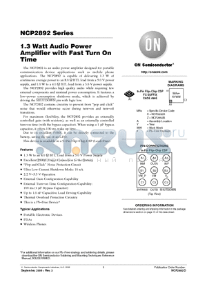 NCP2892 datasheet - 1.3 Watt Audio Power Amplifier with Fast Turn On Time