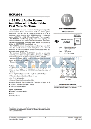 NCP2991_09 datasheet - 1.35 Watt Audio Power Amplifier with Selectable Fast Turn On Time